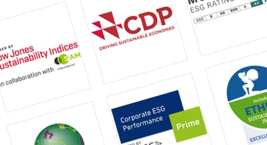 A group of sustainability index logos, including Dow Jones Sustainability Indices