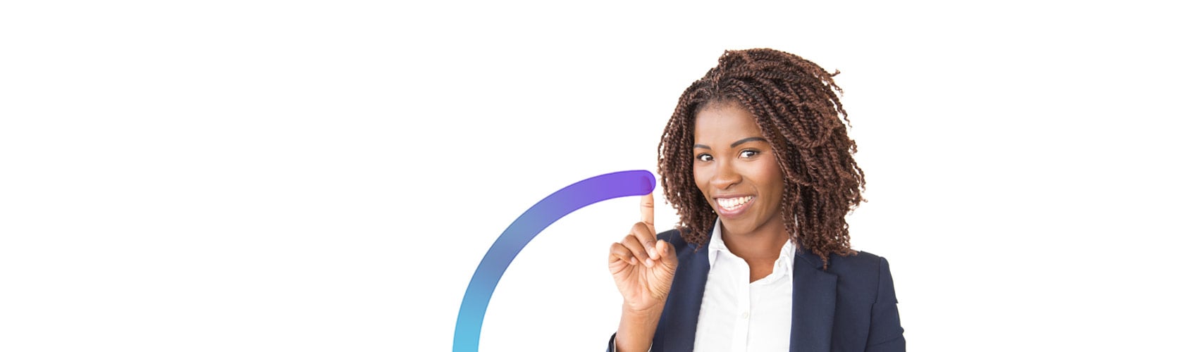 Female Informa colleague smiling and pointing towards the camera, tracing the Informa logo with her finger
